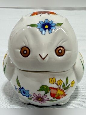 Vintage Ceramic Owl 1980 Prestige Candleholder Covered Candle Used 2 Piece